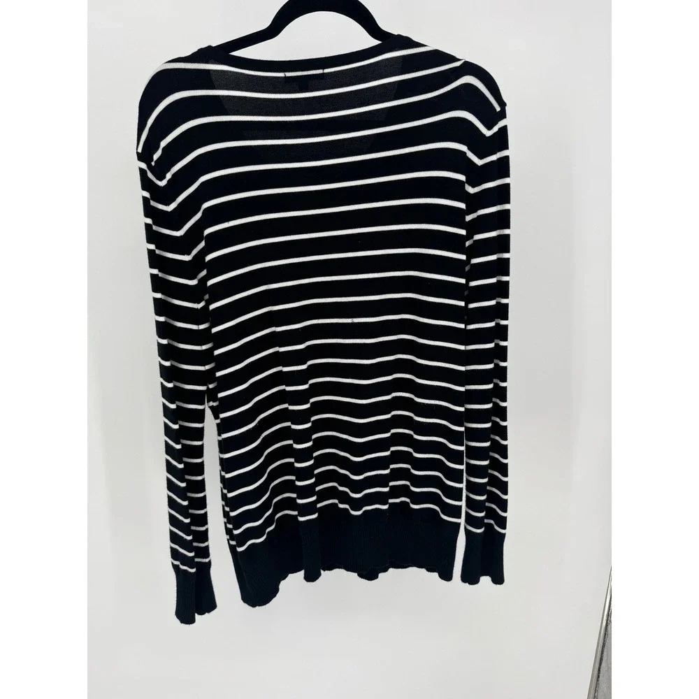 a. lesdani Womens 2X Black White Striped‎ V Neck Button Front Cardigan Sweater - Picture 3 of 6